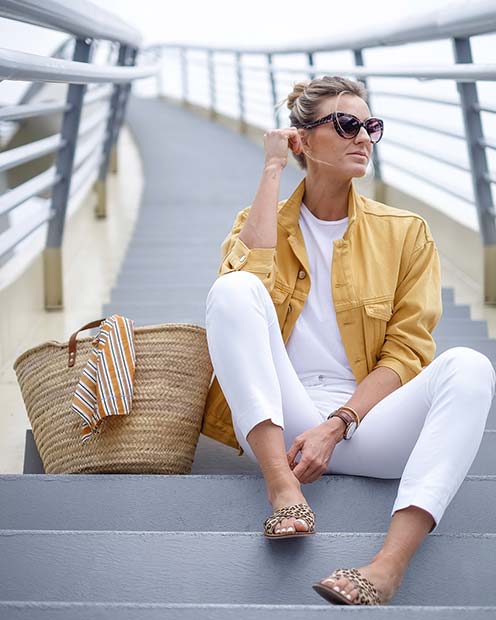 White Outfit with Vibrant Yellow Jacket