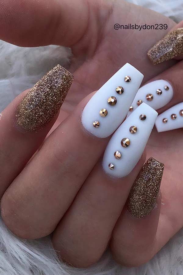 White and Gold Glitter Coffin Nails