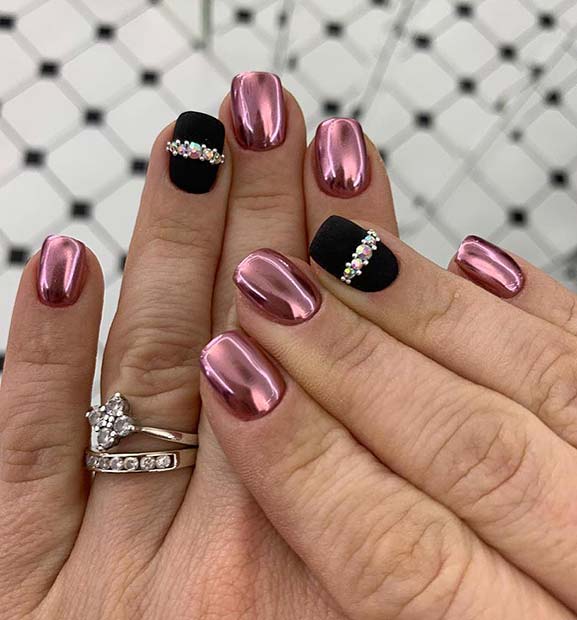Black and Pink Chrome Nail Design 