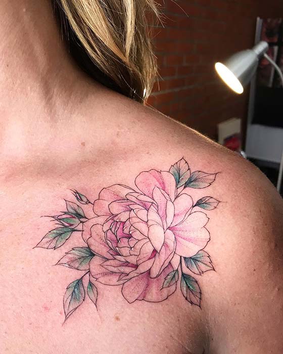 Chic Peony Shoulder Tattoo