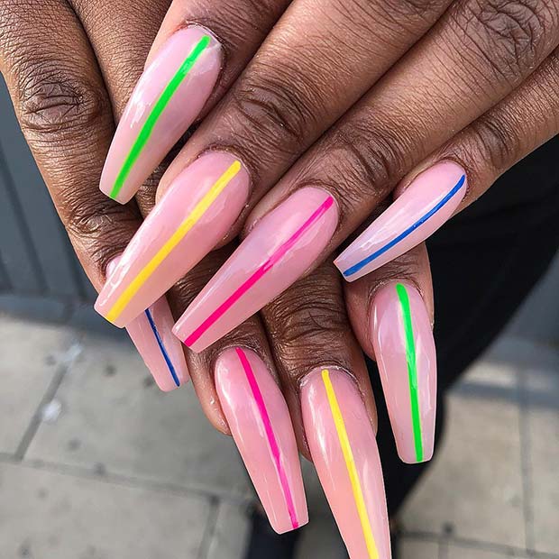 Long Coffin Nails with Colorful Stripes