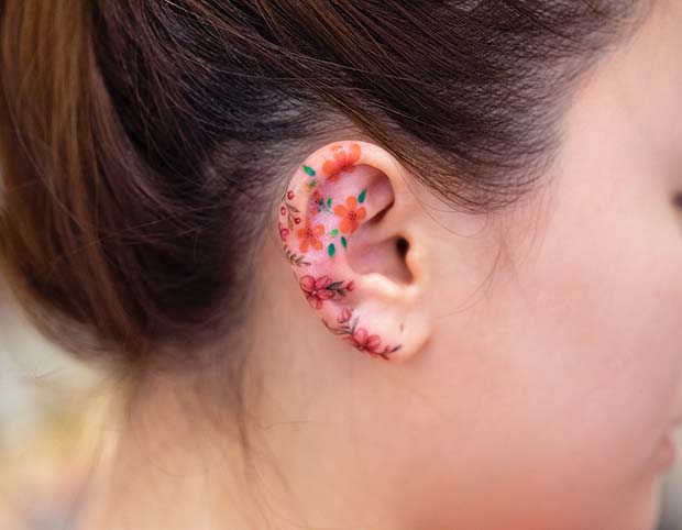 Cute Floral Ear Tattoo Design