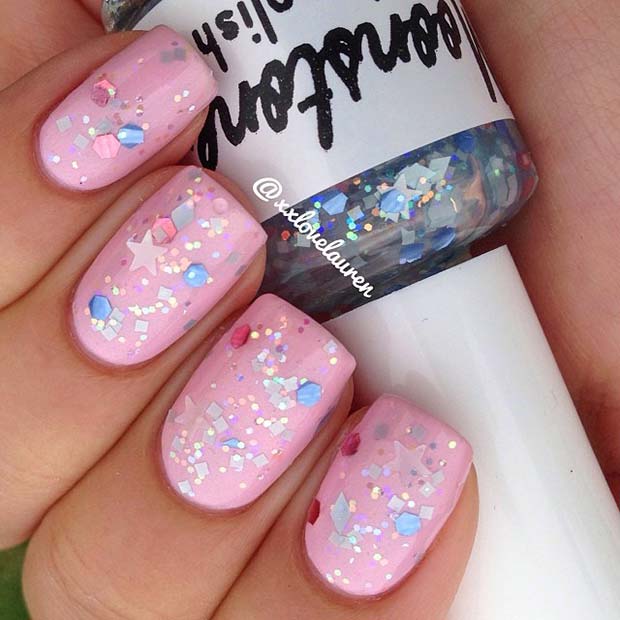 light pink glitter acrylic nails