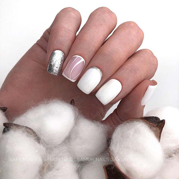 Elegant White Nails with Two Accent Designs