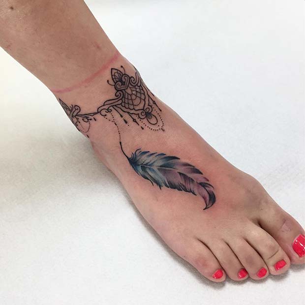 Indian Feather on Foot Tattoo Idea