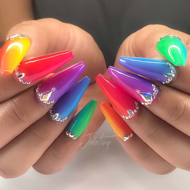 Glam Rainbow Nails with Crystals