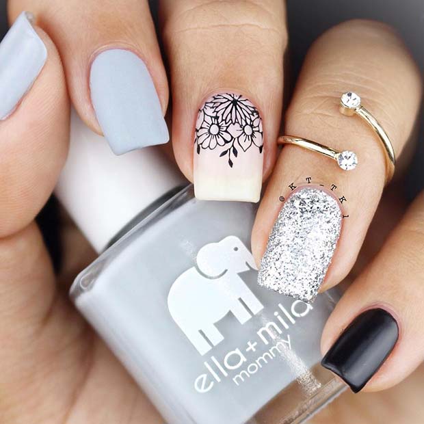 Matte Grey, Glitter and Floral Nail Art