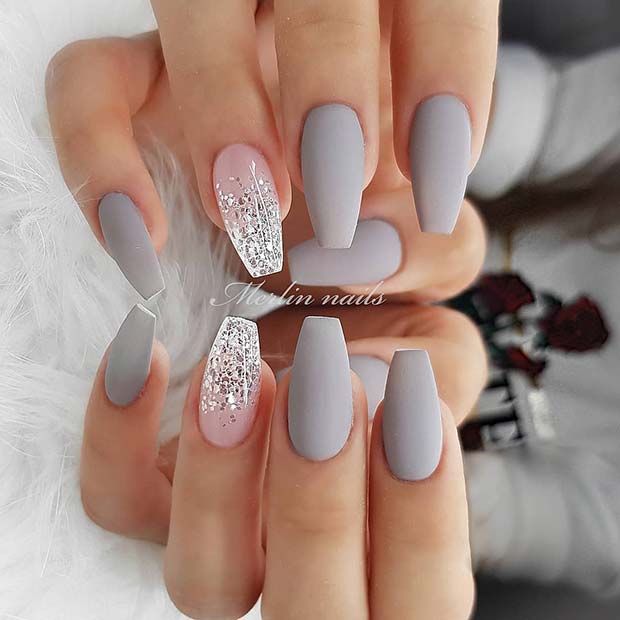 Matte Grey Nails with Sparkly Accent Nail