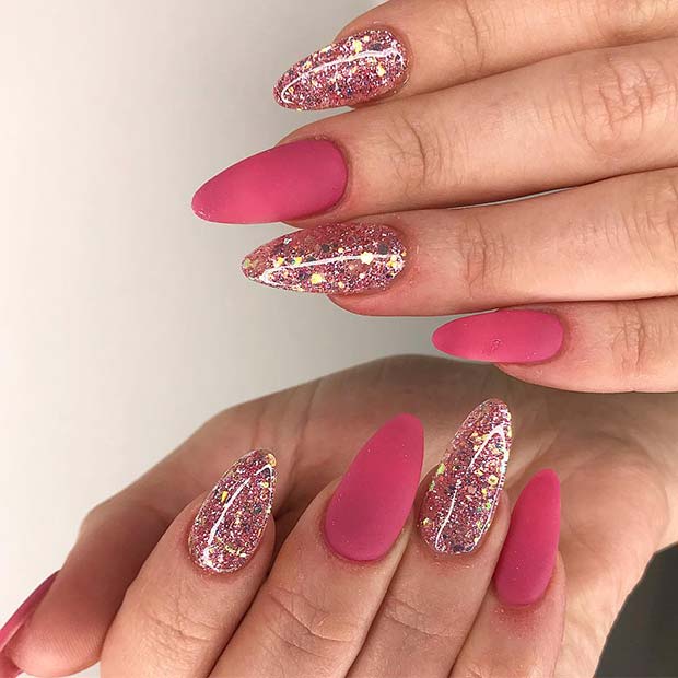 Matte Pink with Glitter Accent Nails