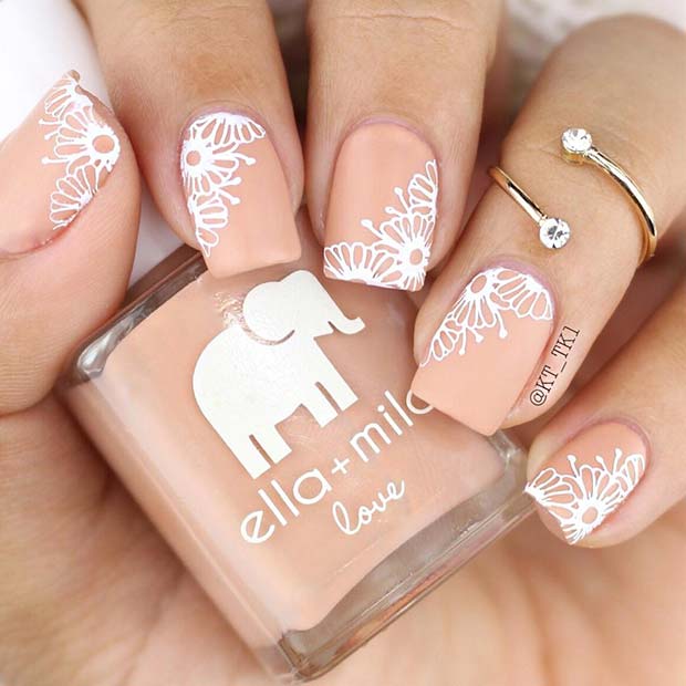 Nude Nails with Elegant Flower Art