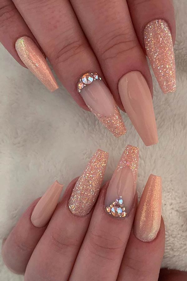 Nude and Glitter Design for Coffin Shaped Nails
