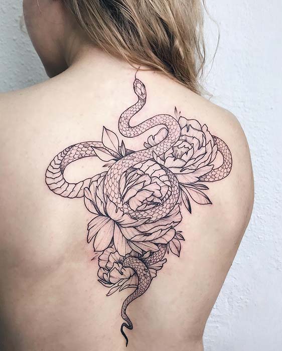 Peonies and a Snake Tattoo Design