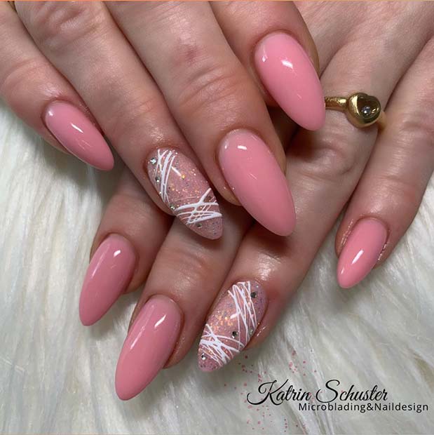 Pink Nails with Trendy White Nail Art