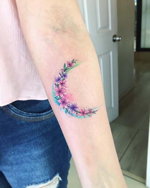 Pretty Floral Moon Tattoo 
