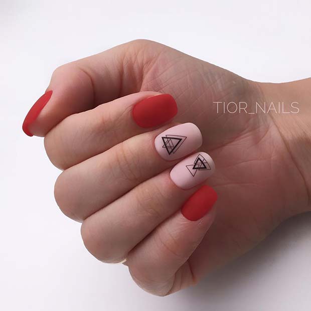 Red Matte Nails with Geometric Accent Nails