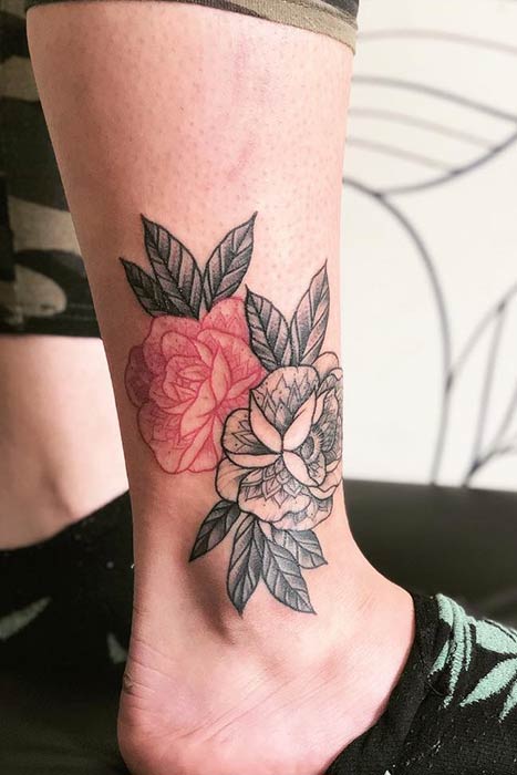 Red and Black Ink Flower Tattoo