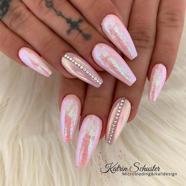 Shimmery Pink Nails with Rhinestones