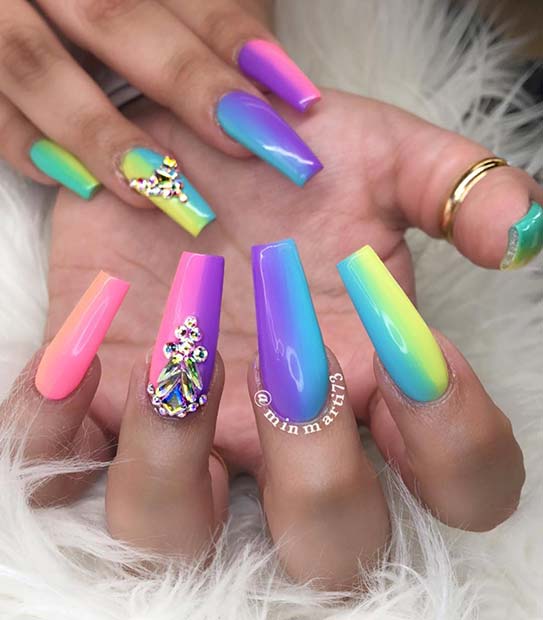 Statement Rainbow Nails with Rhinestones 