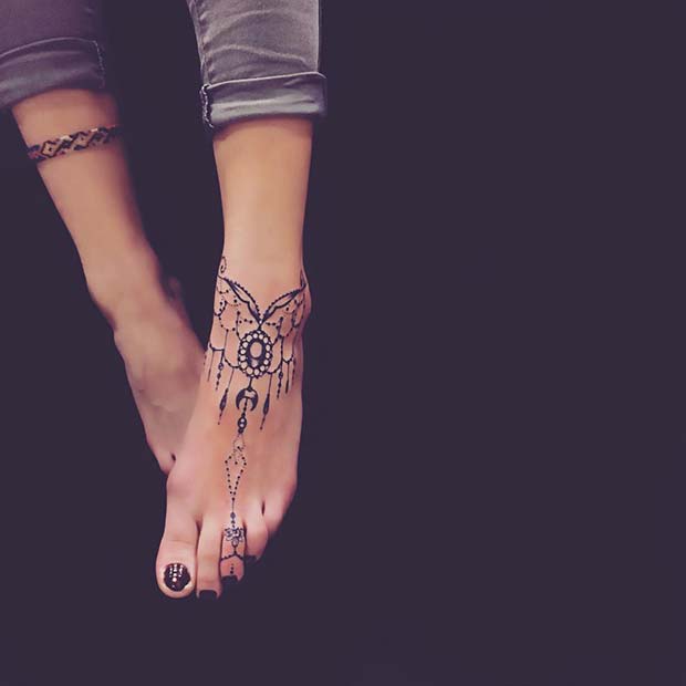 Trendy Jewelry Foot Tattoo Design