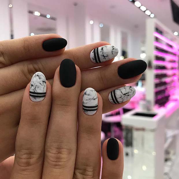 Matte Black and Marble Nails
