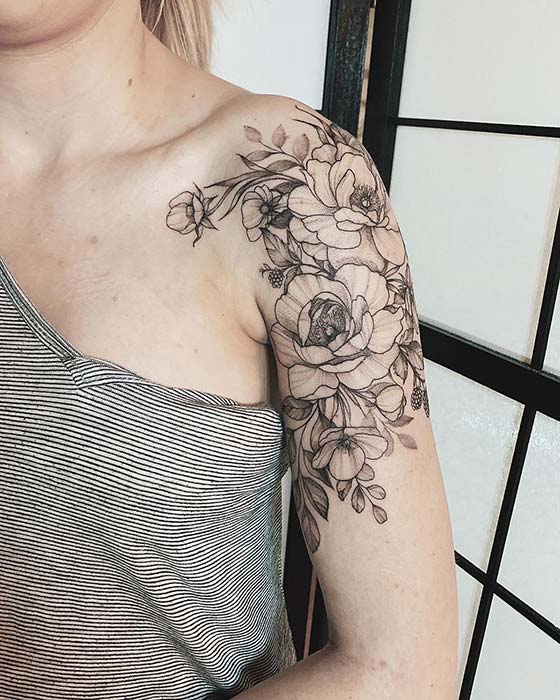 Trendy Peony Shoulder and Arm Tattoo Idea