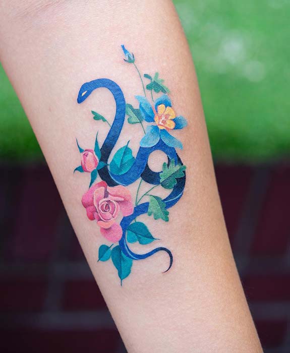 Unique Blue Snake and Flowers Tattoo 