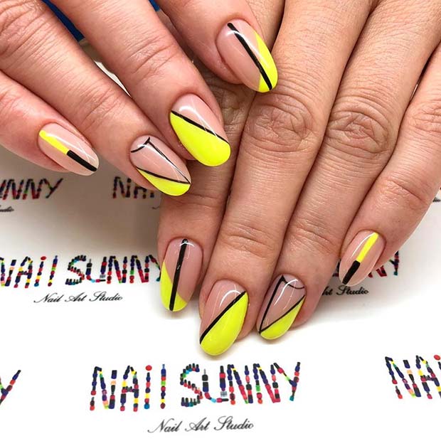 Vibrant Black and Yellow Nails