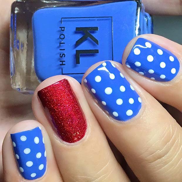 Blue and White Polka Dot Nails with Red Glitter