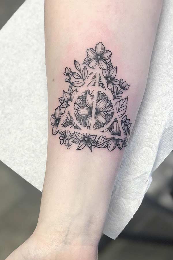 Floral Deathly Hallows Tattoo