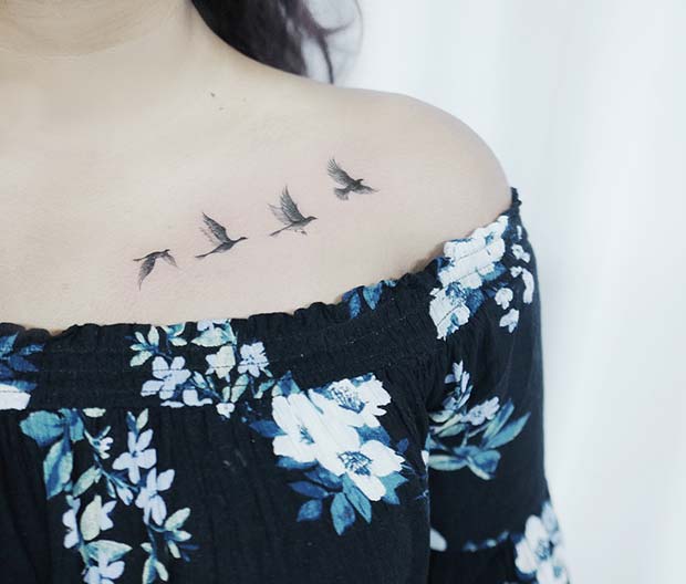 Flying Birds Collar Bone Tattoos 