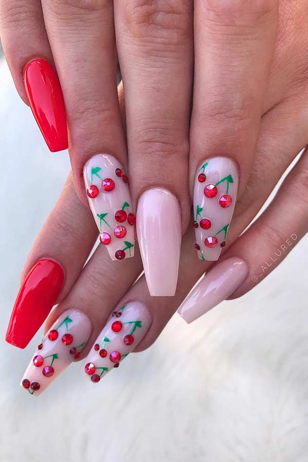 Long Coffin Cherry Nails