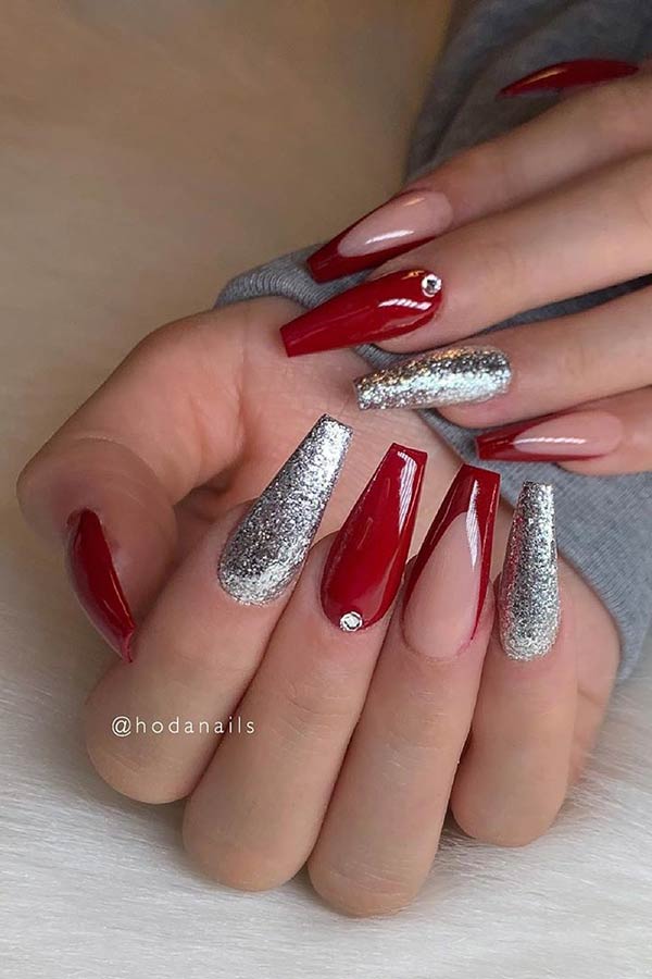 Red Acrylic Nails with Silver Glitter