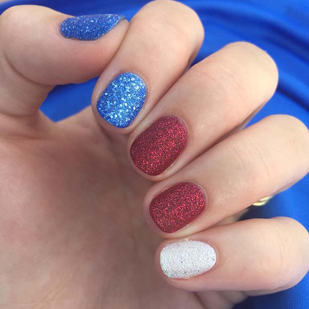 Red, White and Blue Sparkly Nails