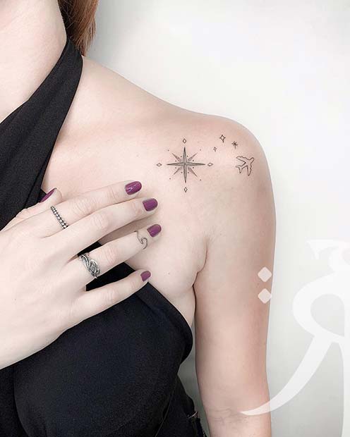 Stars, Compass and Plane Tattoo 