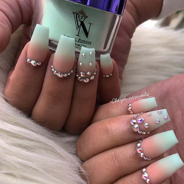 Ombre Mint Nail Design with Rhinestones