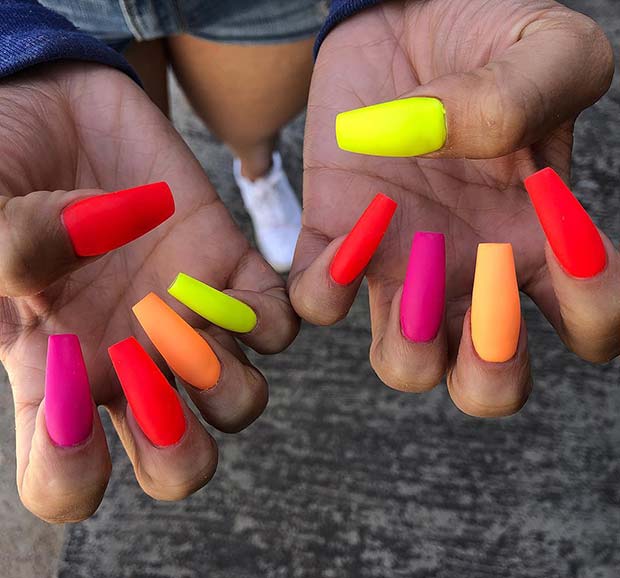 Matte Neon Coffin Nail Art Design