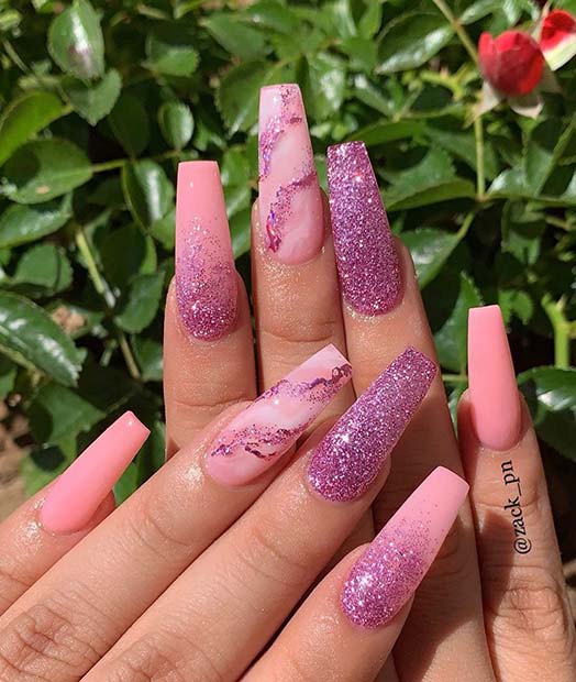 Pink Glitter and Marble Nails