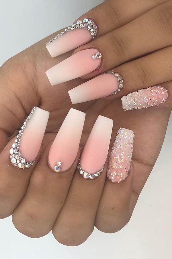 Matte Ombre Coffin Nails with Rhinestones