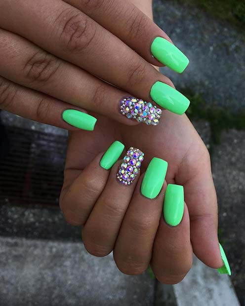 Neon Green and Rhinestones Nails