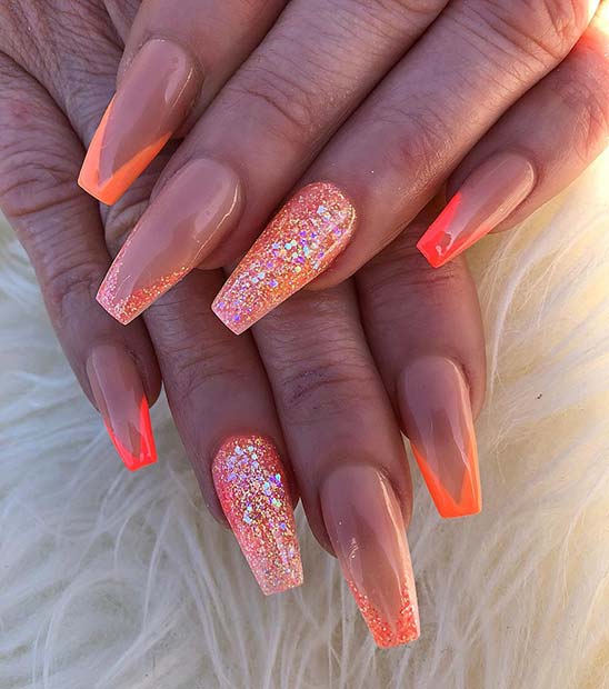 Neon Orange and Sparkle Nails