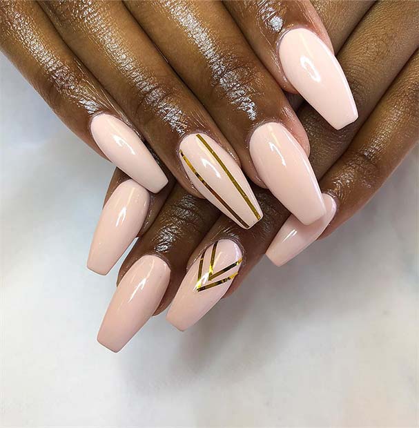 Nude Nails with Trendy Gold Nail Art
