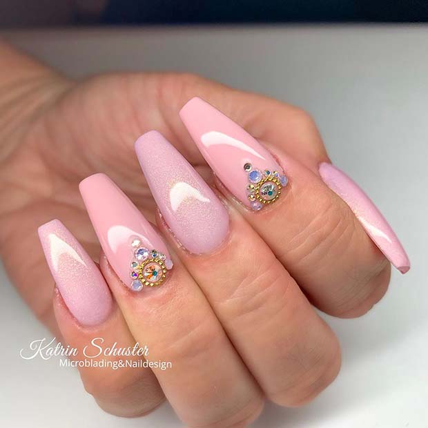 Pretty Pink Nails with Crystals