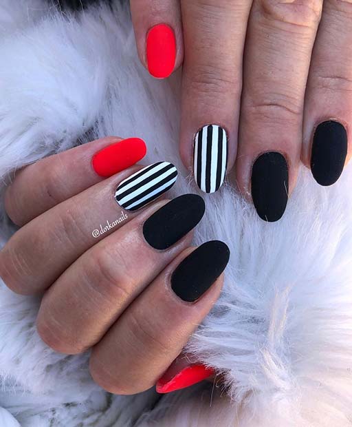 Matte Black and Red Almond Nails