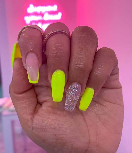 Neon Yellow and Glitter Nails