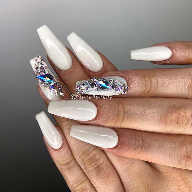 White Nails with Gems