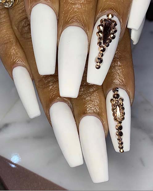 Matte White Nails with Gold 