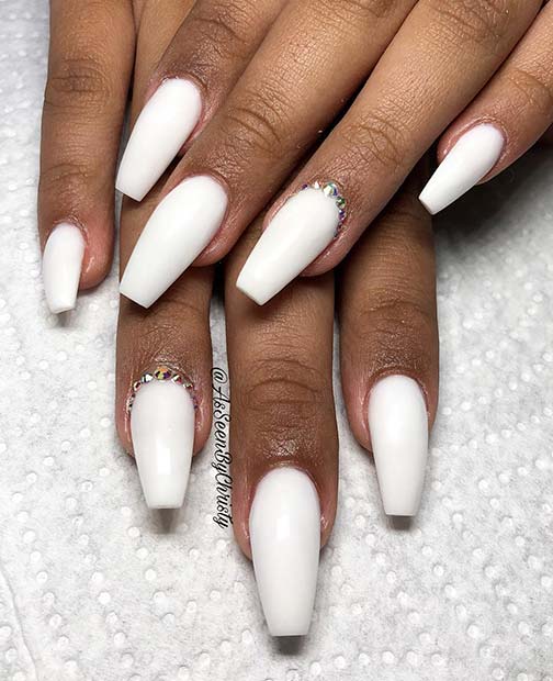 short white acrylic nails with gems