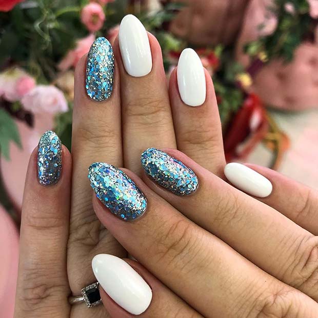 White Nails with Sparkly Accent Nails