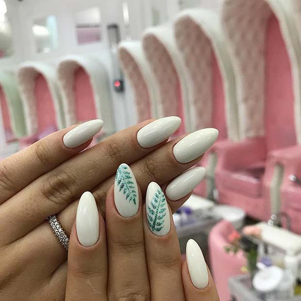 White Nails with a Leafy Design