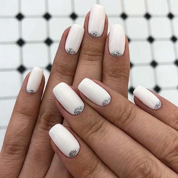 White and Silver Glitter Nail Design